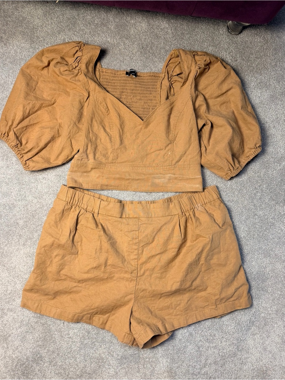 Express Two Piece Tan Set Puff-Sleeve V-Neck Crop Top & Shorts